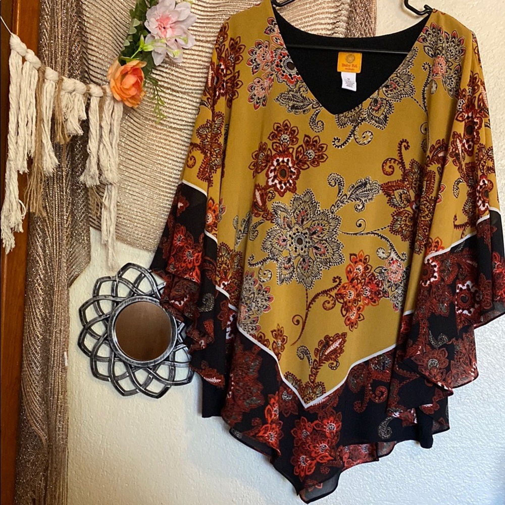 Ruby Rd. Yellow and Red Asymmetrical Ruffled Blouse with 3/4 Sleeves